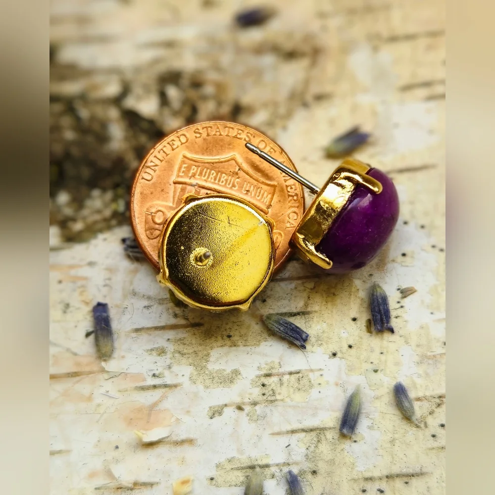 Purple Jade Stud Earrings In 18K Gold Plated